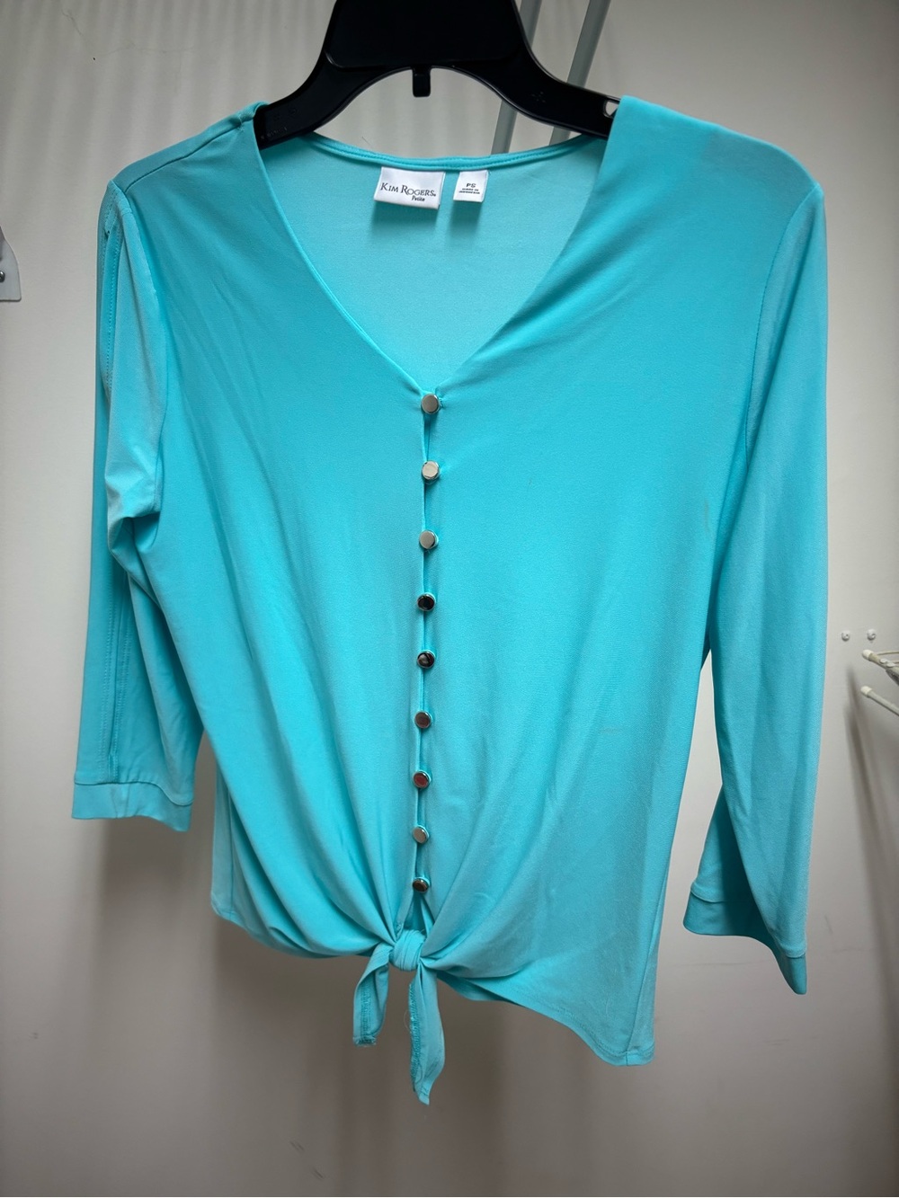 Kim Rogers Turquoise V-Neck Button Tie-Front Top